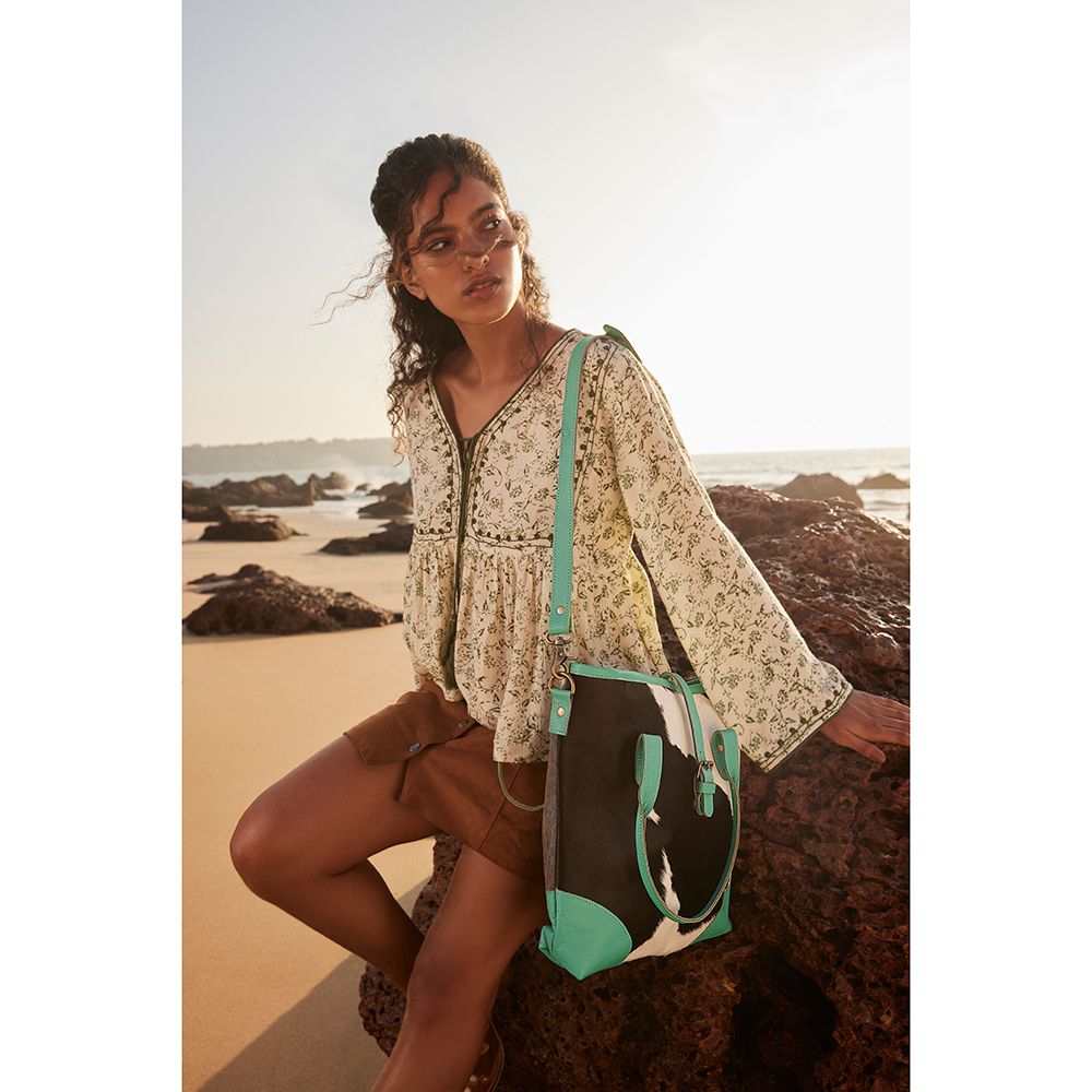 Pecos Pointe Canvas & Hairon Bag in Turquoise  8941